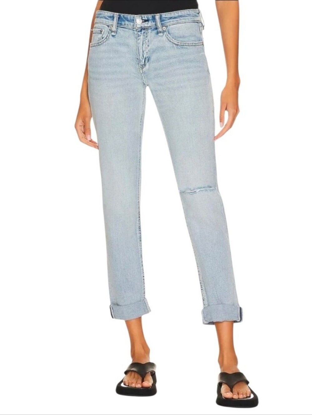 Rag & Bone Dre Low Rise Slim Boyfriend Jeans Raw Hem Ripped Knee Slouchy 32